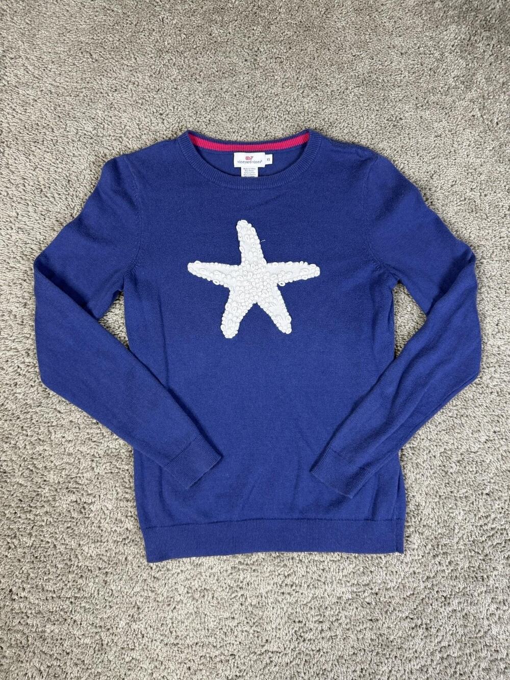 Vineyard Vines Sweater Pullover Womens XS Blue White Star Crew Cotton Cashmere